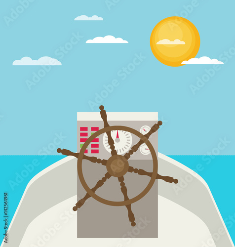 Captain's wheel on boat flat illustration