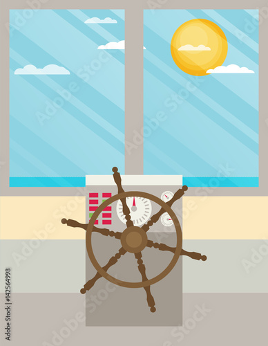 Captain's wheel on boat flat illustration