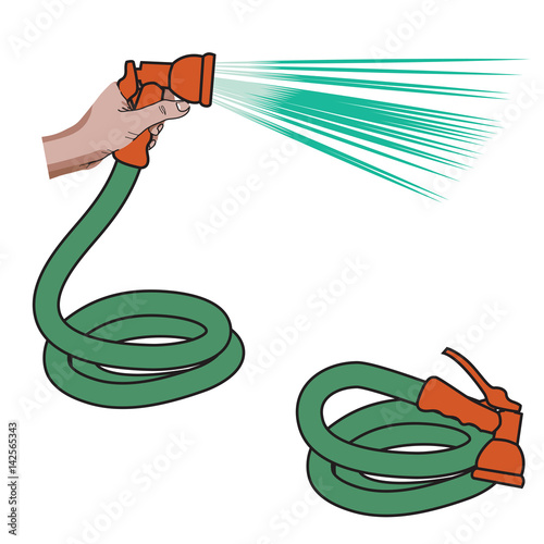 Water hose and hand holding it with water flowing