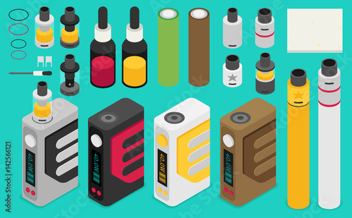 Isometric Icon of Vape device set. Flat vector.