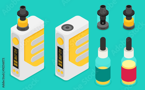 Isometric Icon of Vape device set. Flat vector.