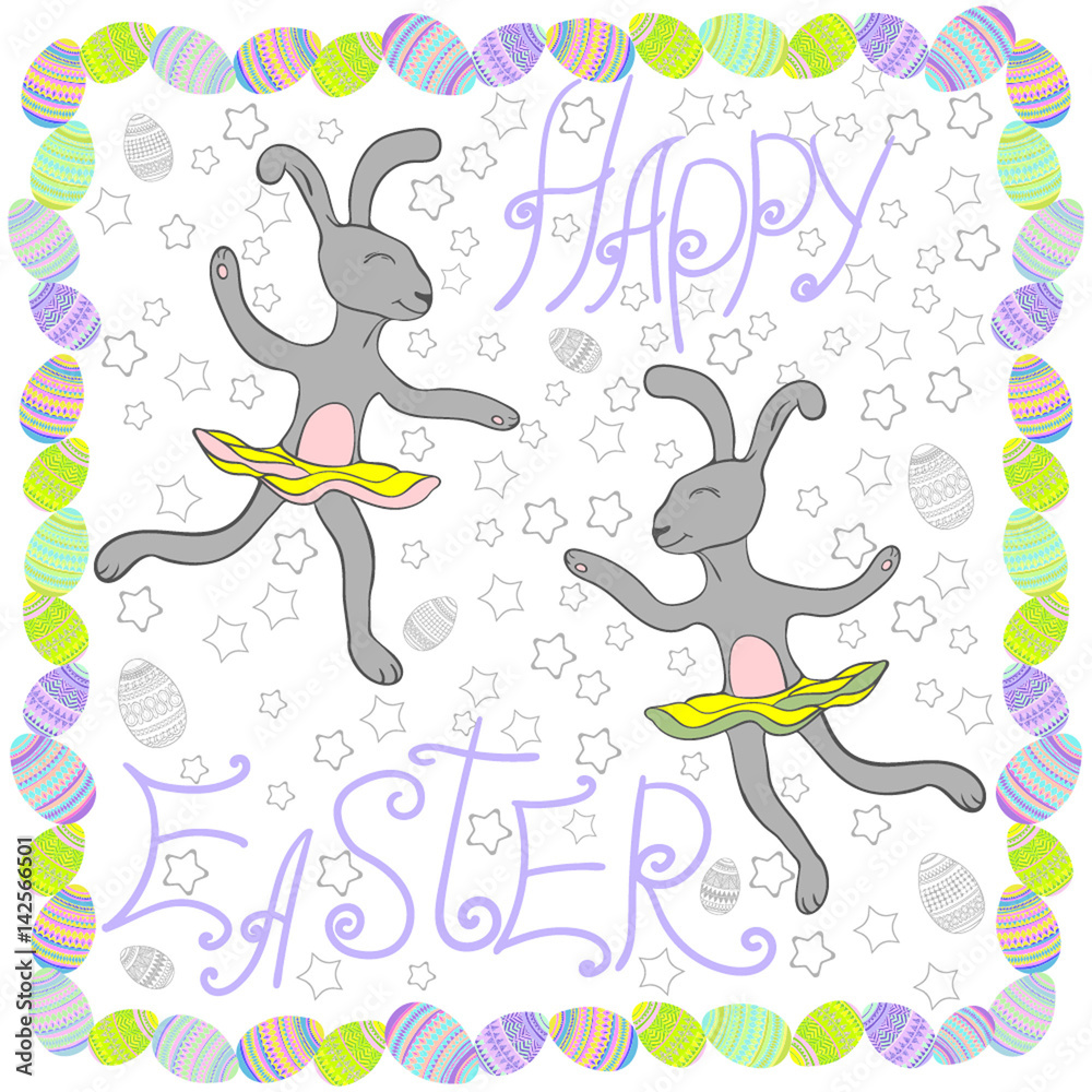 Happy Easter rabbits with Easter eggs