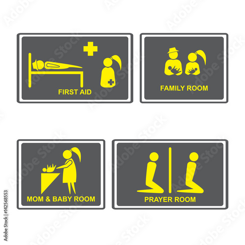 First aid Signs.First aid room on Signboards.Family room,prayer room,Mom and baby room on Signboards.People icons set.Vector illustration photo