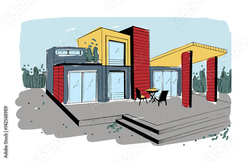 Hand drawn cottage. modern private residential house. colorful sketch illustration.