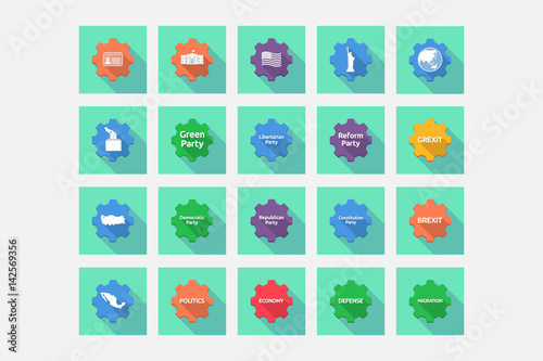 Set of gears with  politics, democracy, diplomacy and international relations related icons