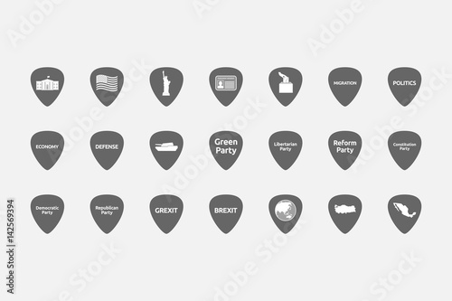 Set of guitar plectrums with  politics, democracy, diplomacy and international relations related icons