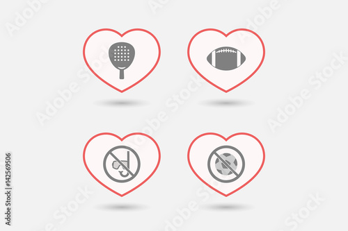 Set of line art hearts with  sports and recreation related icons