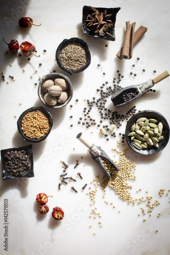 Spices and seeds - Cloves,Cardamom,Fenugreek seeds,Dil seeds,Nutmeg,Star anise,Coriander seeds,Black peppercorns,Cinnamon stick and dry red chilli on a ceramic pinch dish on top down shot photo