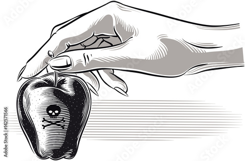 Female hand holds out a red poisoned apple.