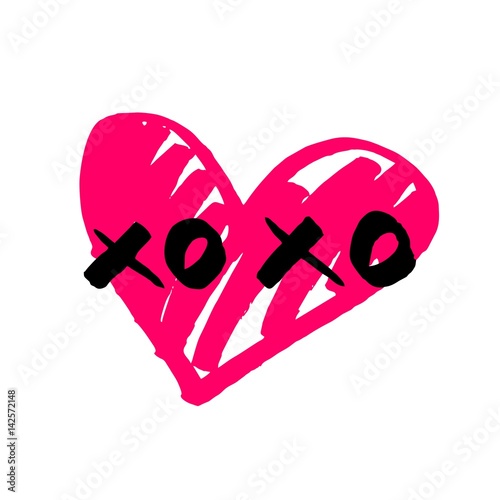 Xoxo hand drawn vector sign with pink heart isolated on white background