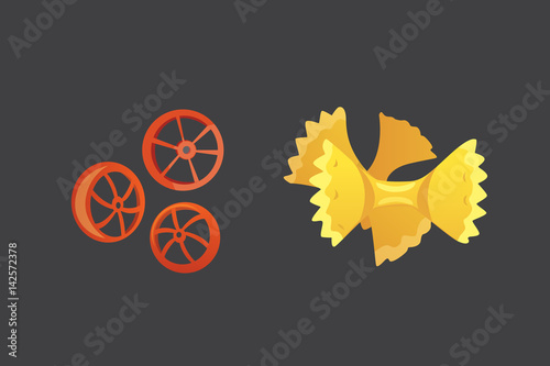 Vector set Italian pasta in cartoon style. Different types and shapes of macaroni with. Ravioli, spaghetti, tortiglioni illustration