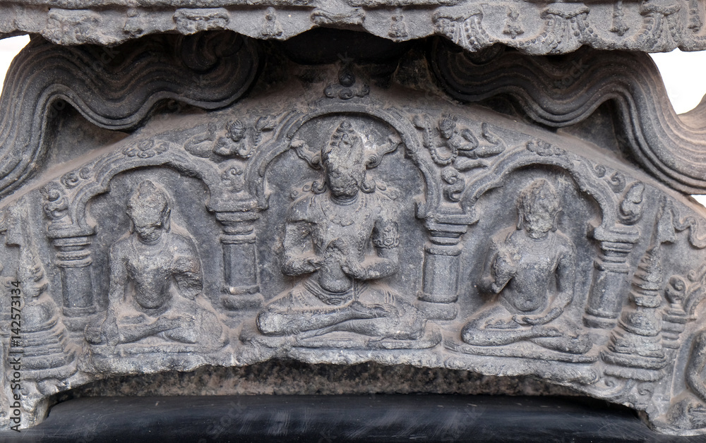 Five dhyani buddhas, from 11th century found in Bihar now exposed in the Indian Museum in Kolkata, West Bengal, India 