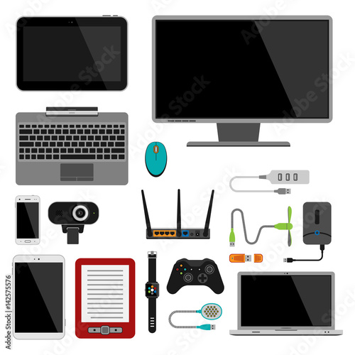 Electronic gadgets icons technology electronics multimedia devices everyday objects control and computer connection digital network vector illustration.