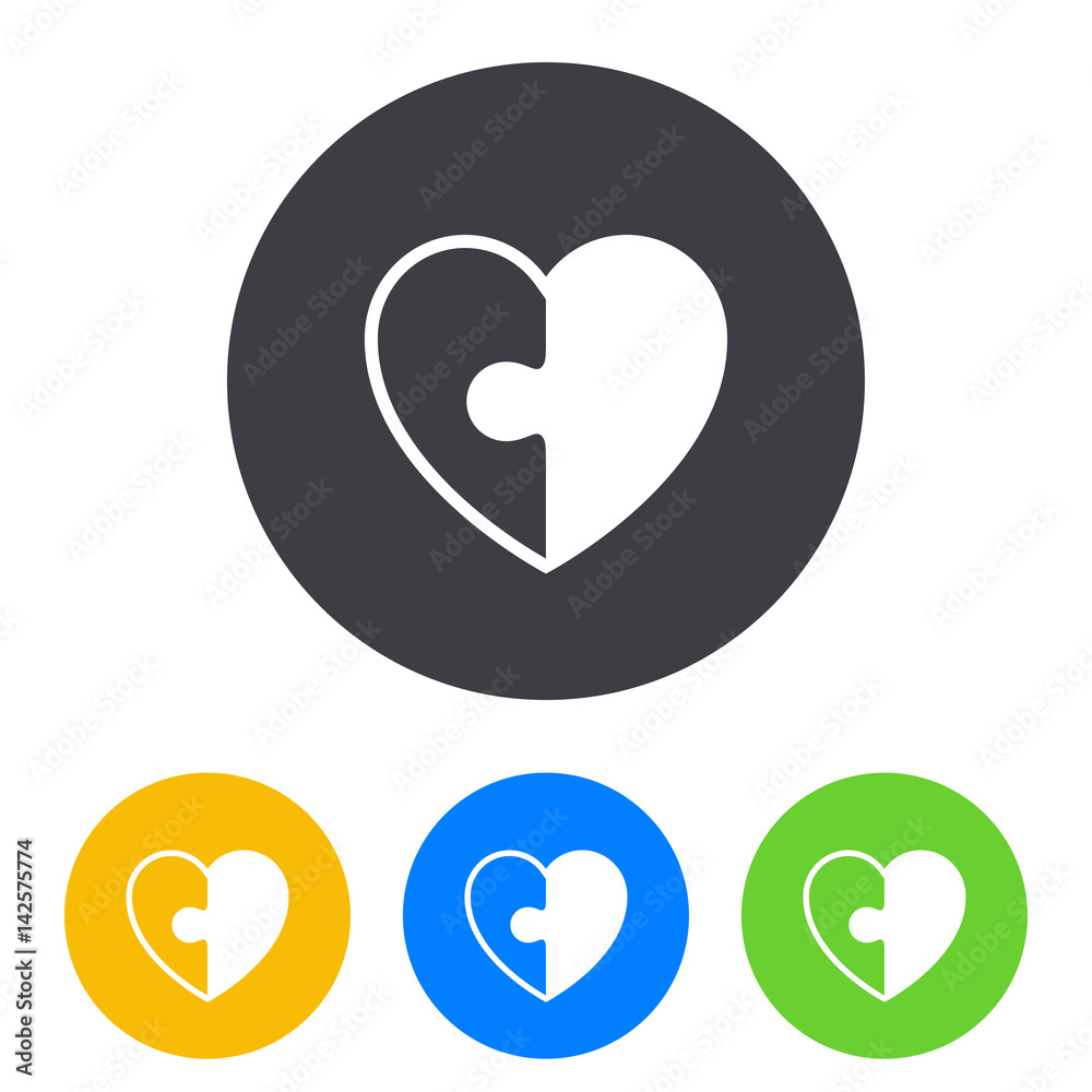 Icono plano corazon dos piezas puzzle en circulo varios colores Icono plano corazon dos piezas puzzle en circulo varios colores