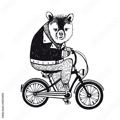 Bear on the bicycle. Vintage Illustration on white background.