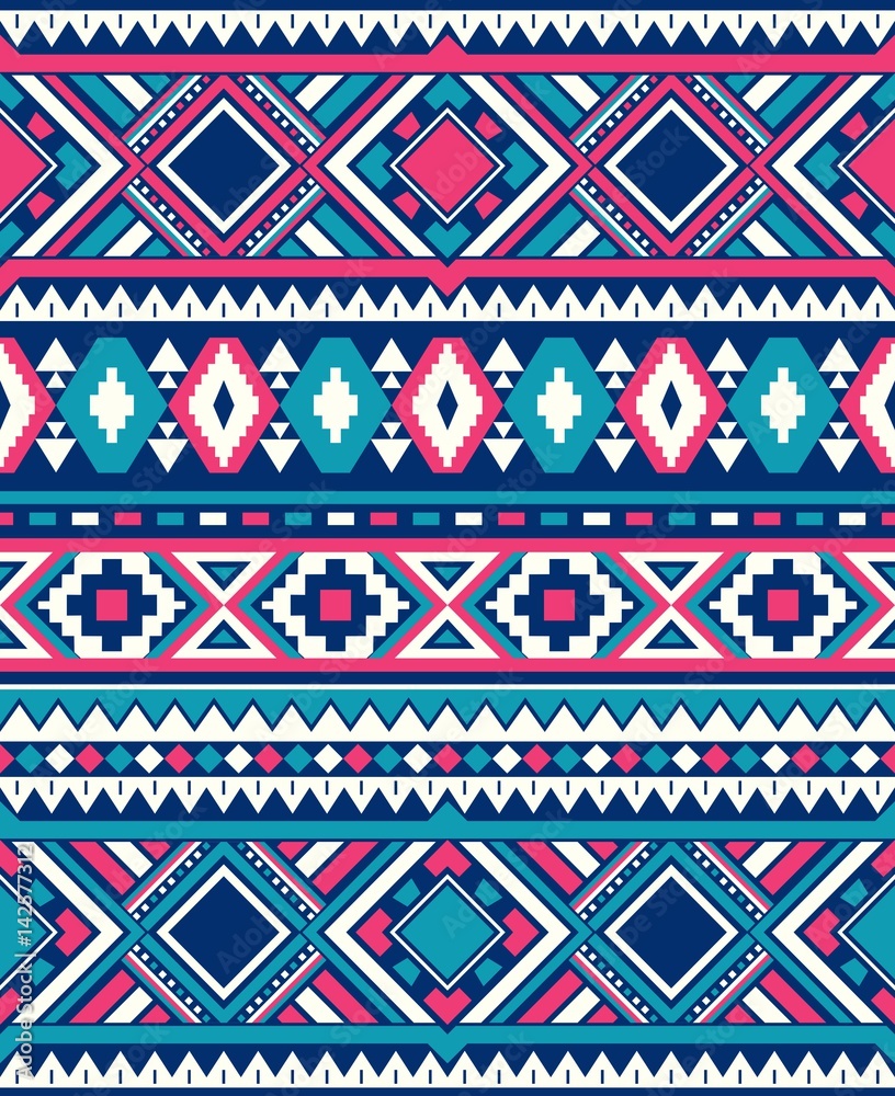 Seamless Ethnic pattern textures. Pink & Navy colors. Navajo geometric print. Rustic decorative ornament. Abstract geometric pattern. Native American pattern. Ornament for the design of clothing