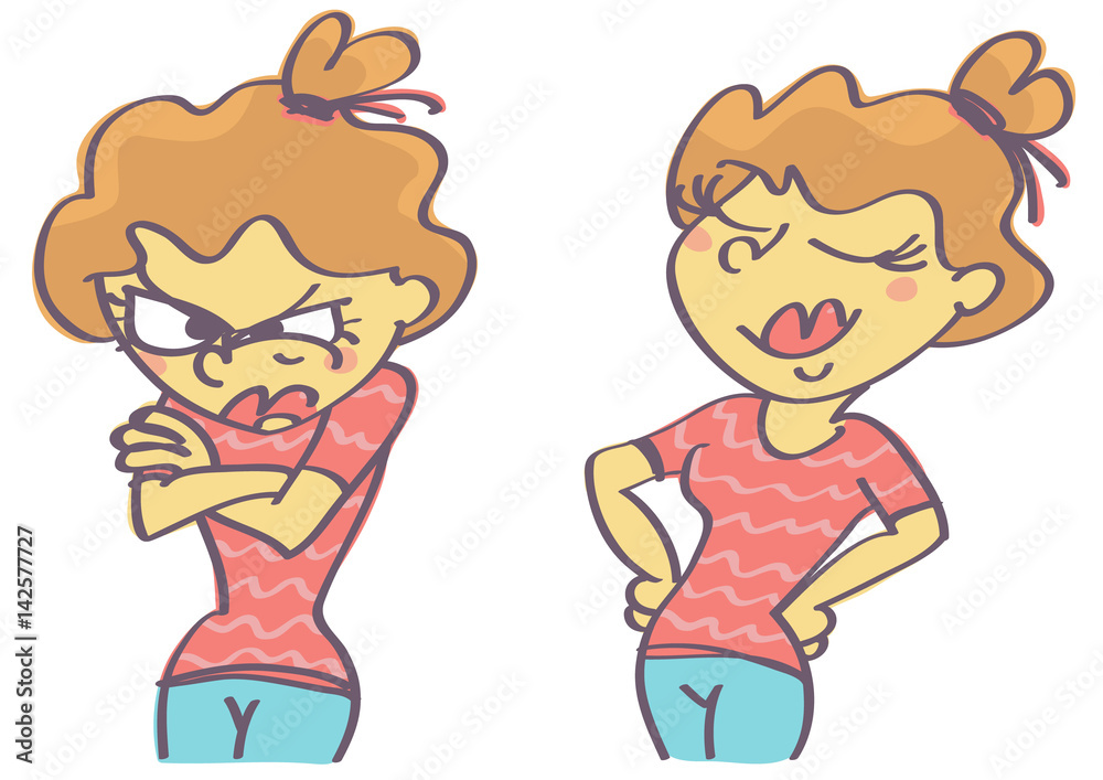 Cartoon illustration of girl in satisfied and grumpy pose with face expression Cartoon illustration of girl in satisfied and grumpy pose with face expression