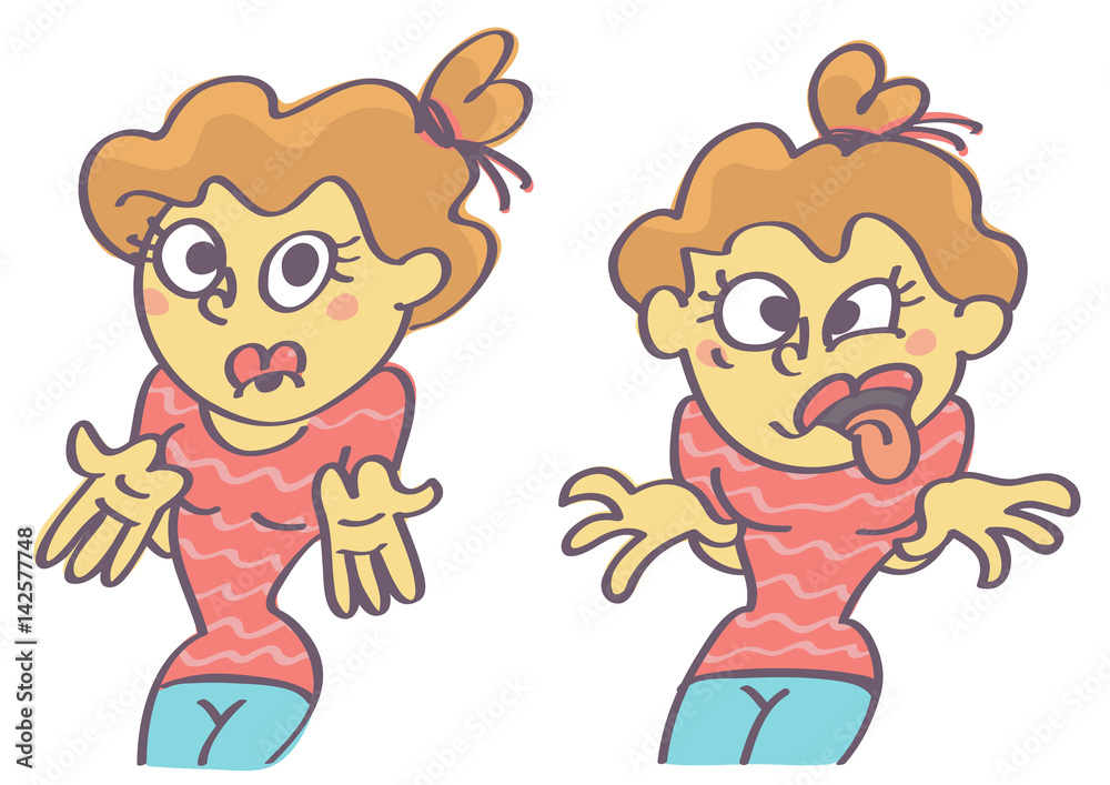 Set of two vector cartoons with disgusted and confused girl Set of two vector cartoons with disgusted and confused girl