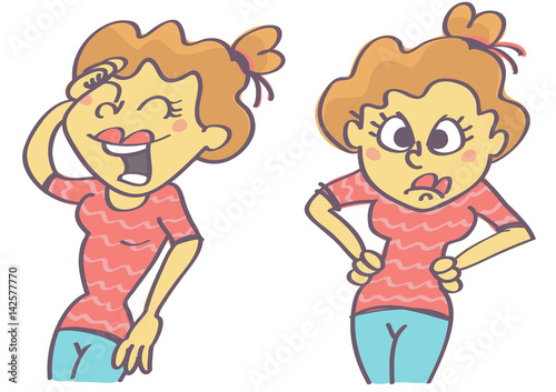 Funny cartoon with laughing and angry woman