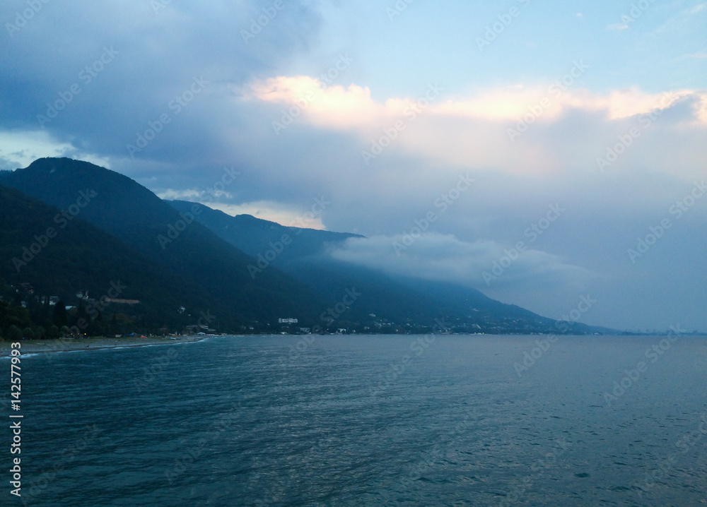 Mountains and sea cloudy bay in Abkhazia