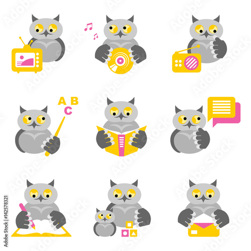 Set of colored icons - owls on the theme of education and science on a white background.