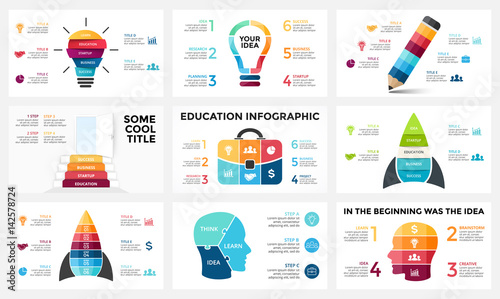 Vector infographic set, light bulb idea, education diagram, knowledge chart, startup rocket, travel bag, human head brain, learn study graph presentation, stairs open door. 3, 4, 5, 6 options, parts