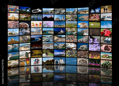 Video wall concept made of a lot of different photos representing LCD or LED TV