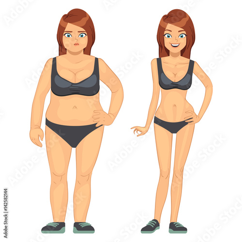 Unhappy fat and happy slim woman, before and after diet and weight loss vector illustration