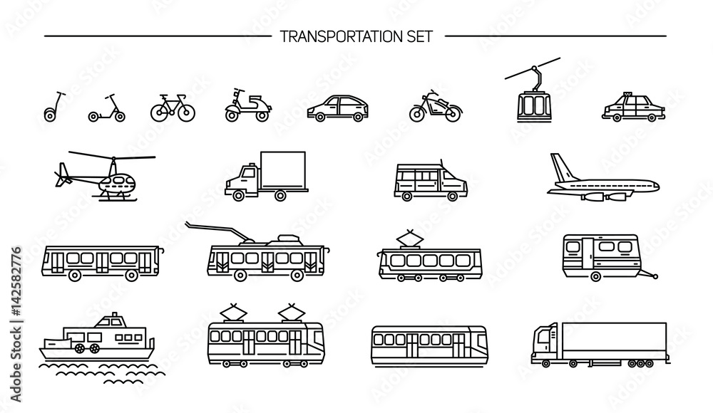 Lineart icon set with ground transport, aviation and water transportation on white background. Collection with bike, bus, trolley, subway, train, car, airplane, scooter, funicular, tram, plane, boat. Lineart icon set with ground transport, aviation and water transportation on white background. Collection with bike, bus, trolley, subway, train, car, airplane, scooter, funicular, tram, plane, boat.