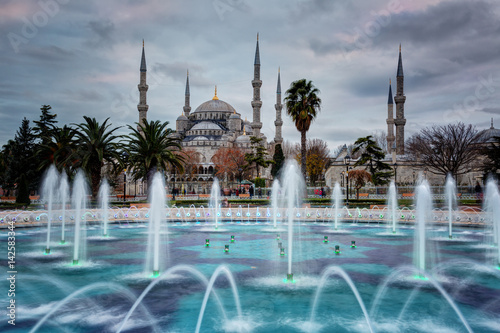Fountain with illumination on Sultanahmet square in front of Blue mosque in Istanbul