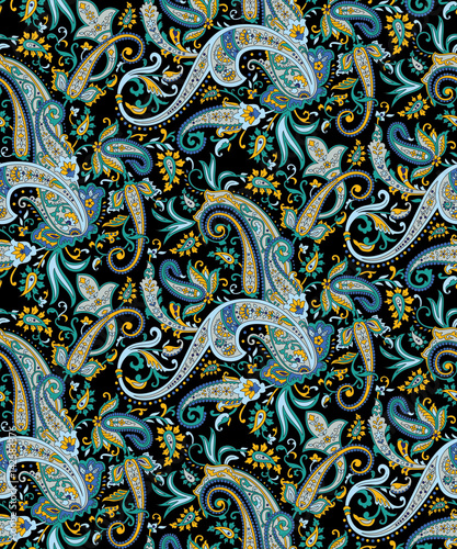 Vector - Seamless pattern based on traditional Asian elements Paisley on black background