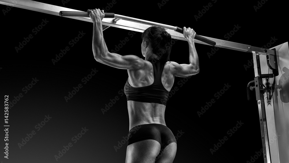 Black and white photo of professional Pull Up Workout Exercise Back Lats Black and white photo of professional Pull Up Workout Exercise Back Lats