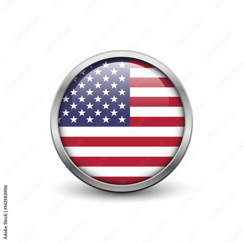 Flag of USA, button with metal frame and shadow Flag of USA, button with metal frame and shadow