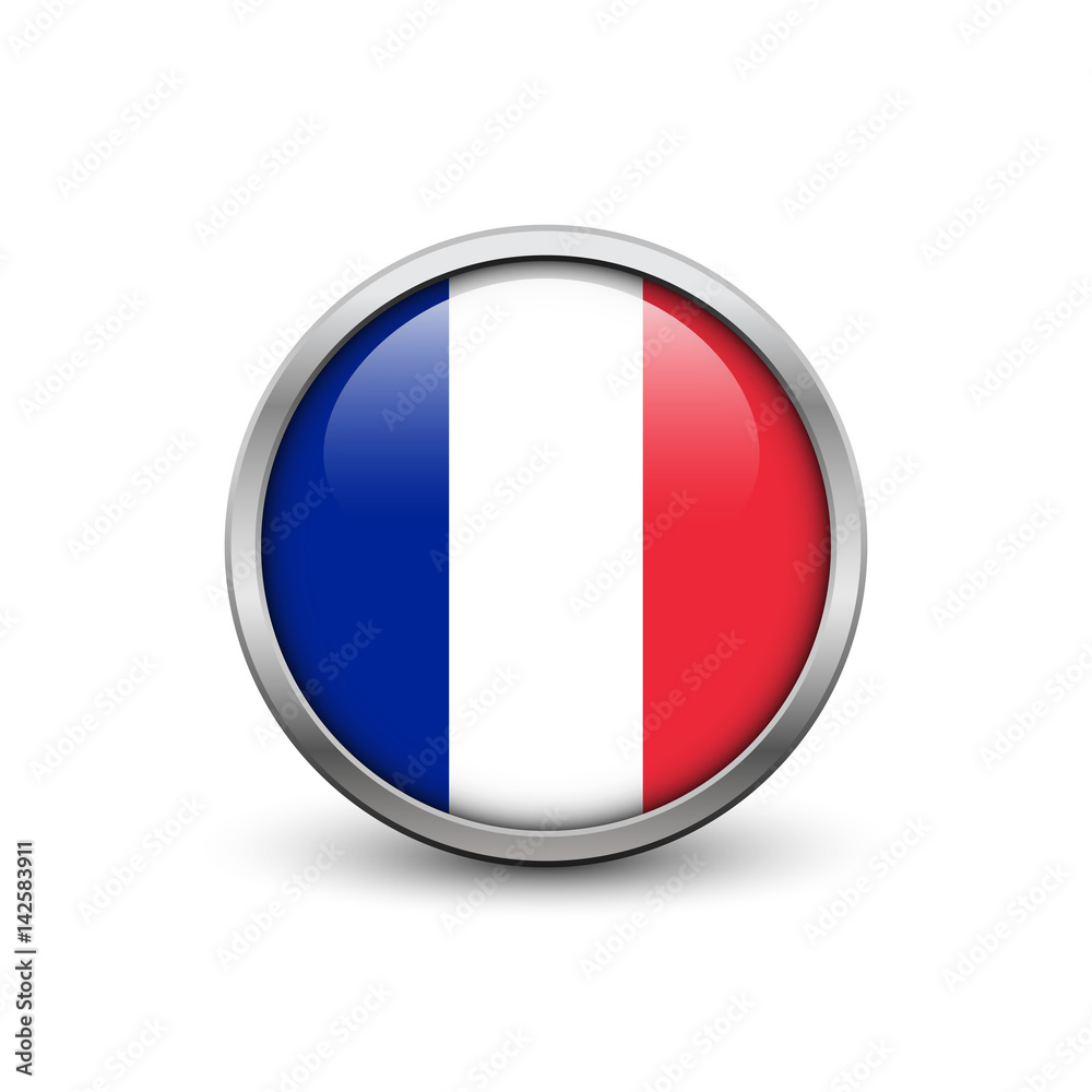 Flag of France, button with metal frame and shadow