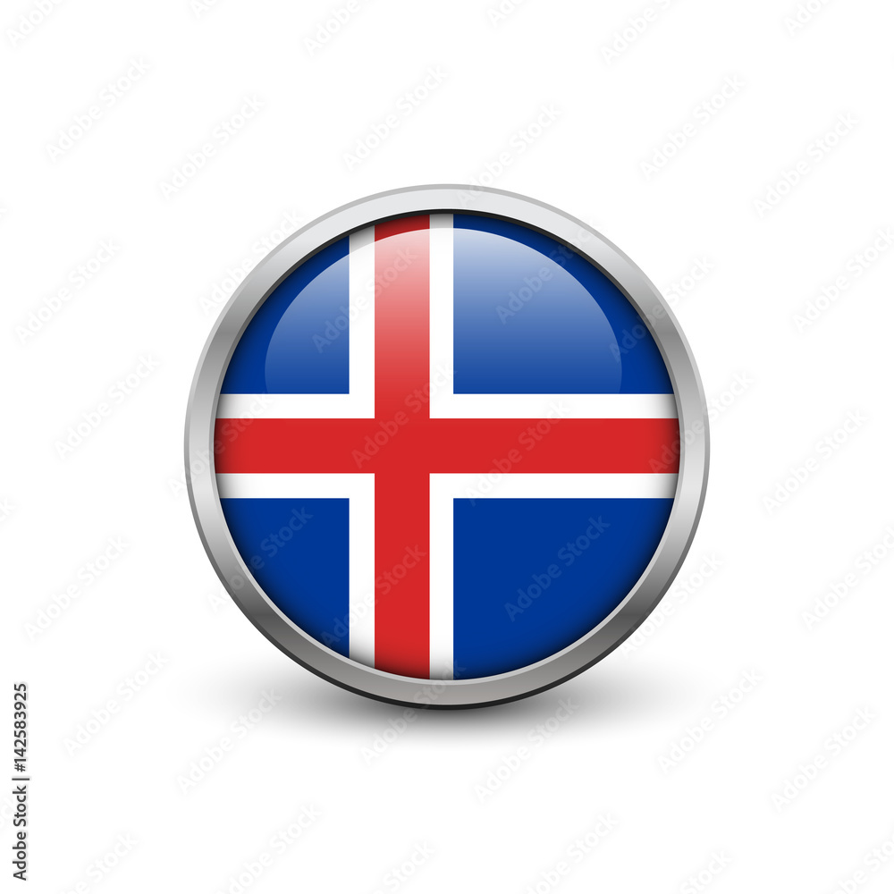 Flag of Iceland, button with metal frame and shadow