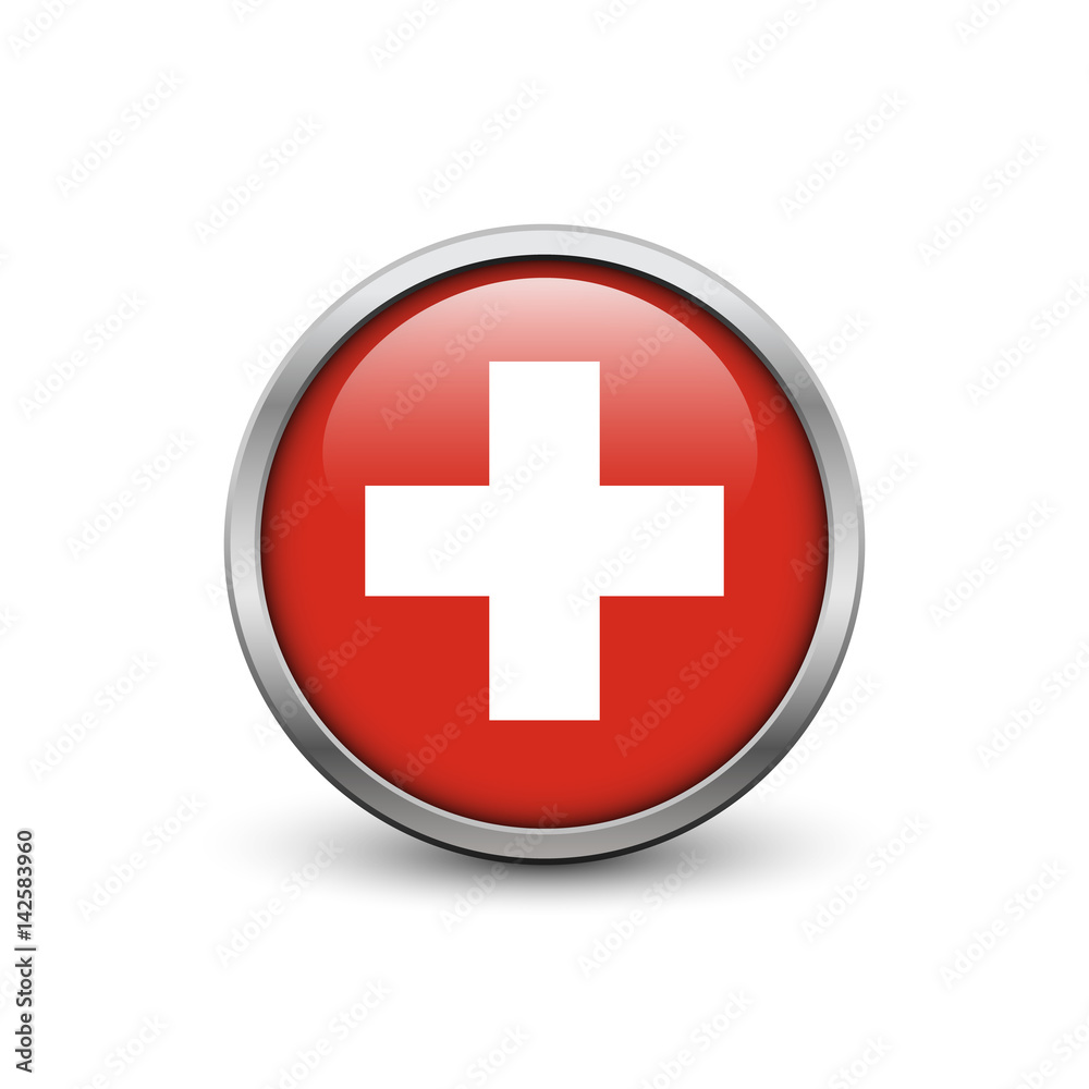 Flag of Switzerland, button with metal frame and shadow Flag of Switzerland, button with metal frame and shadow