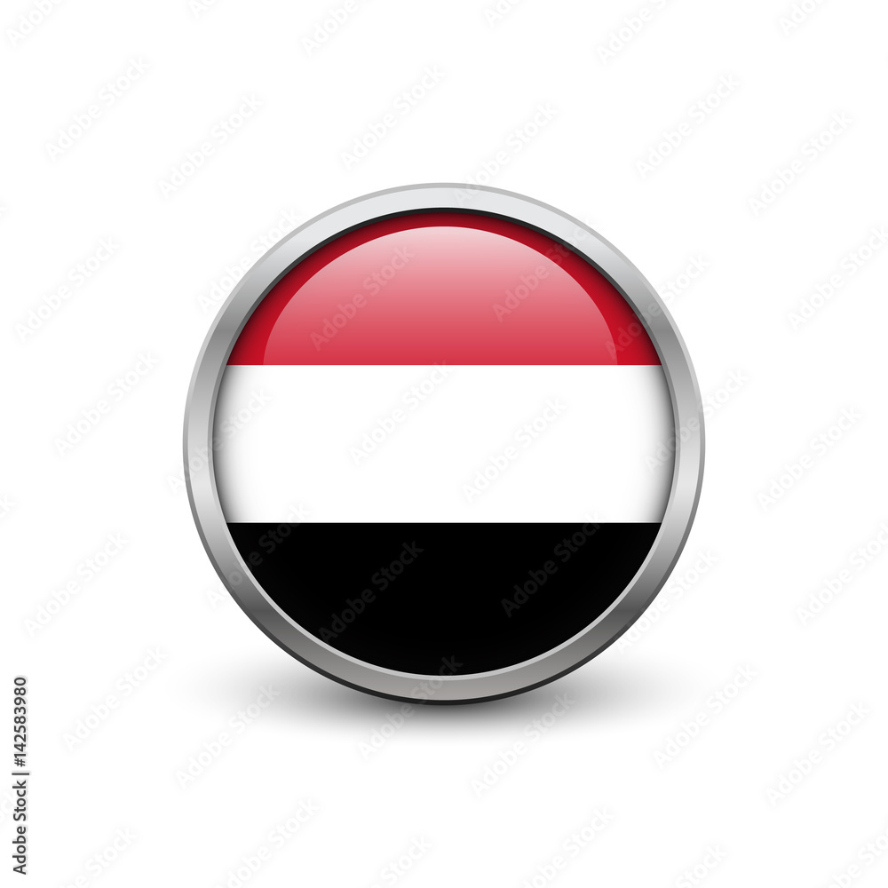 Flag of Yemen, button with metal frame and shadow Flag of Yemen, button with metal frame and shadow