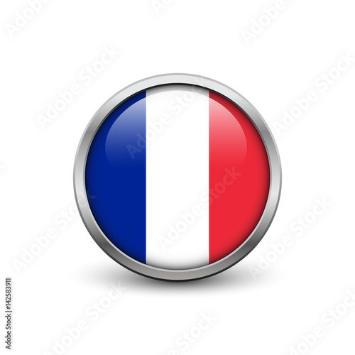 Flag of France, button with metal frame and shadow