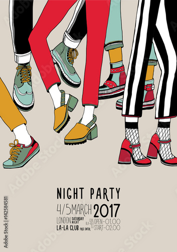 Night party hand drawn colorful poster with dancing legs. Dance, event, festi...