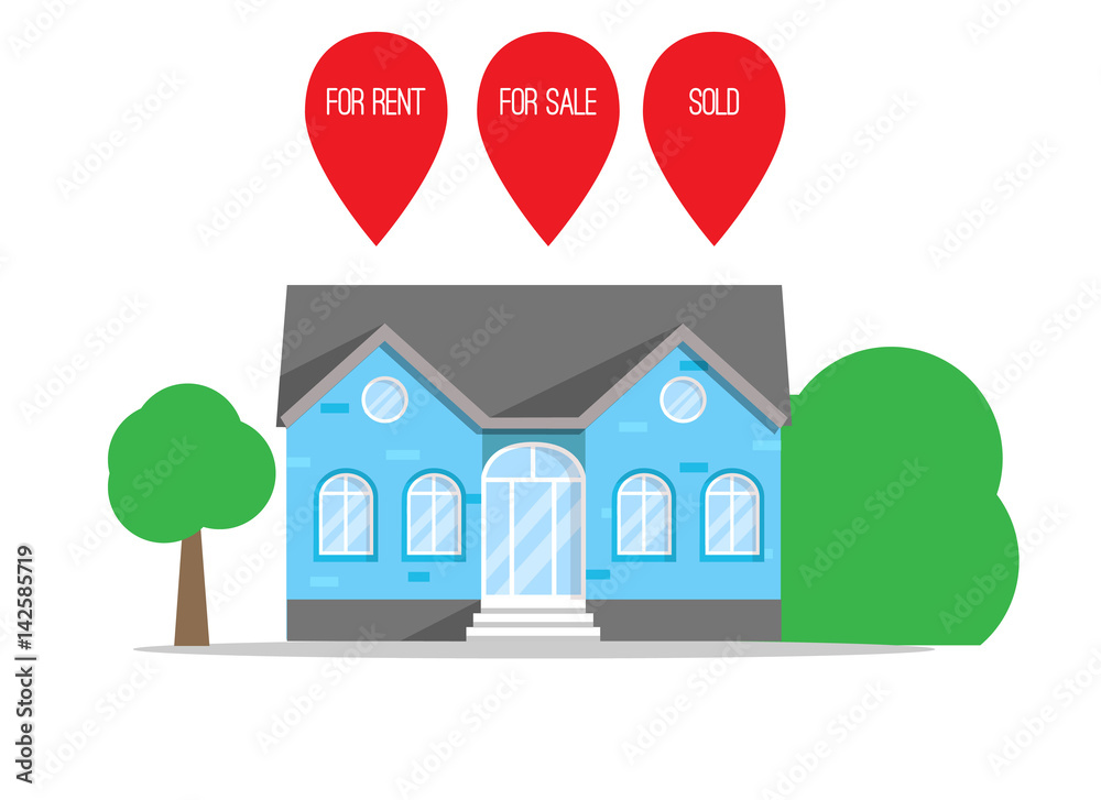 Flat design house with red markers for sale. for rent, sold.