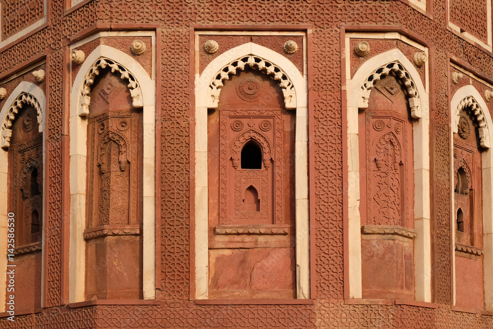 Unique architectural details of Red Fort, Agra, UNESCO World heritage site, India 