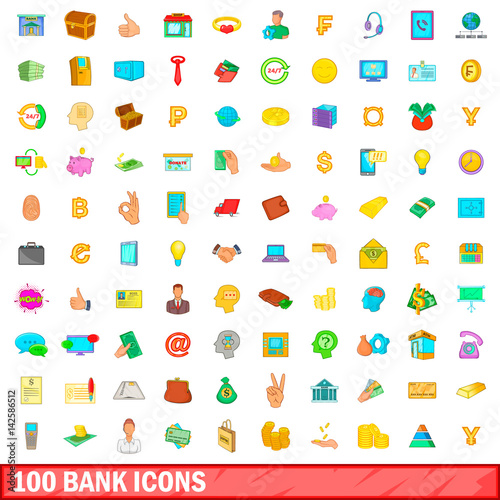 100 bank icons set, cartoon style