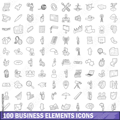 100 business elements icons set  outline style