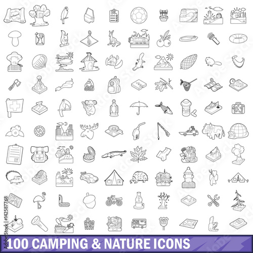 100 camping and nature icons set  outline style