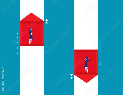 Businesswoman raise and fall of business. Concept indicators business illustration. Vector cartoon character illustration