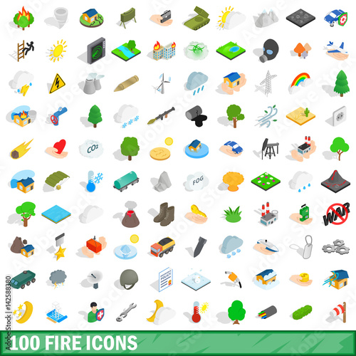 100 fire icons set, isometric 3d style