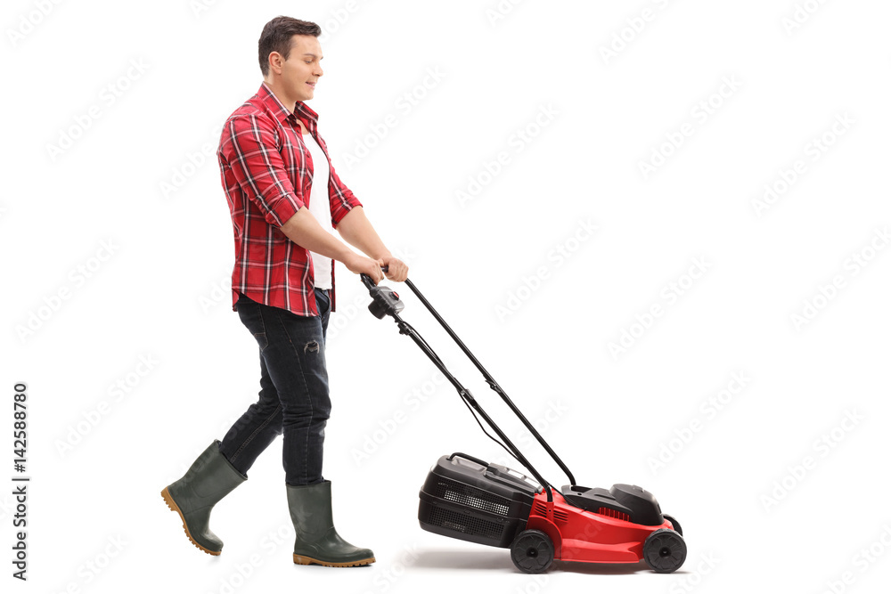 Gardener mowing with a lawnmower - obrazy, fototapety, plakaty 