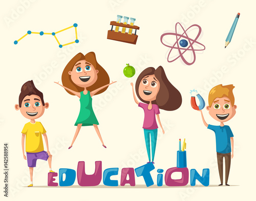 Children and education banner. Cartoon vector illustration