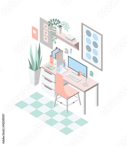 Creative modern workplace with table and designer computer, isometric vector illustration