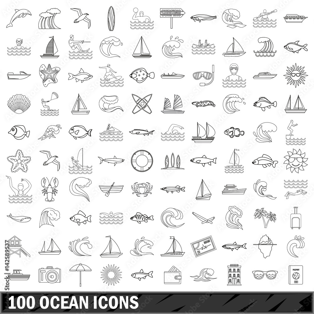 100 ocean icons set, outline style 100 ocean icons set, outline style